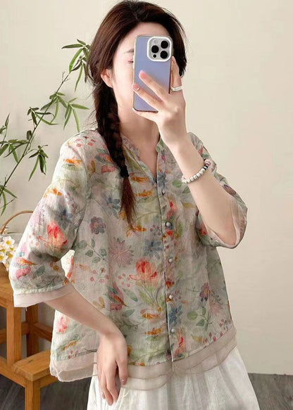 Khaki Print Patchwork Linen Shirt Top V Neck Button Summer