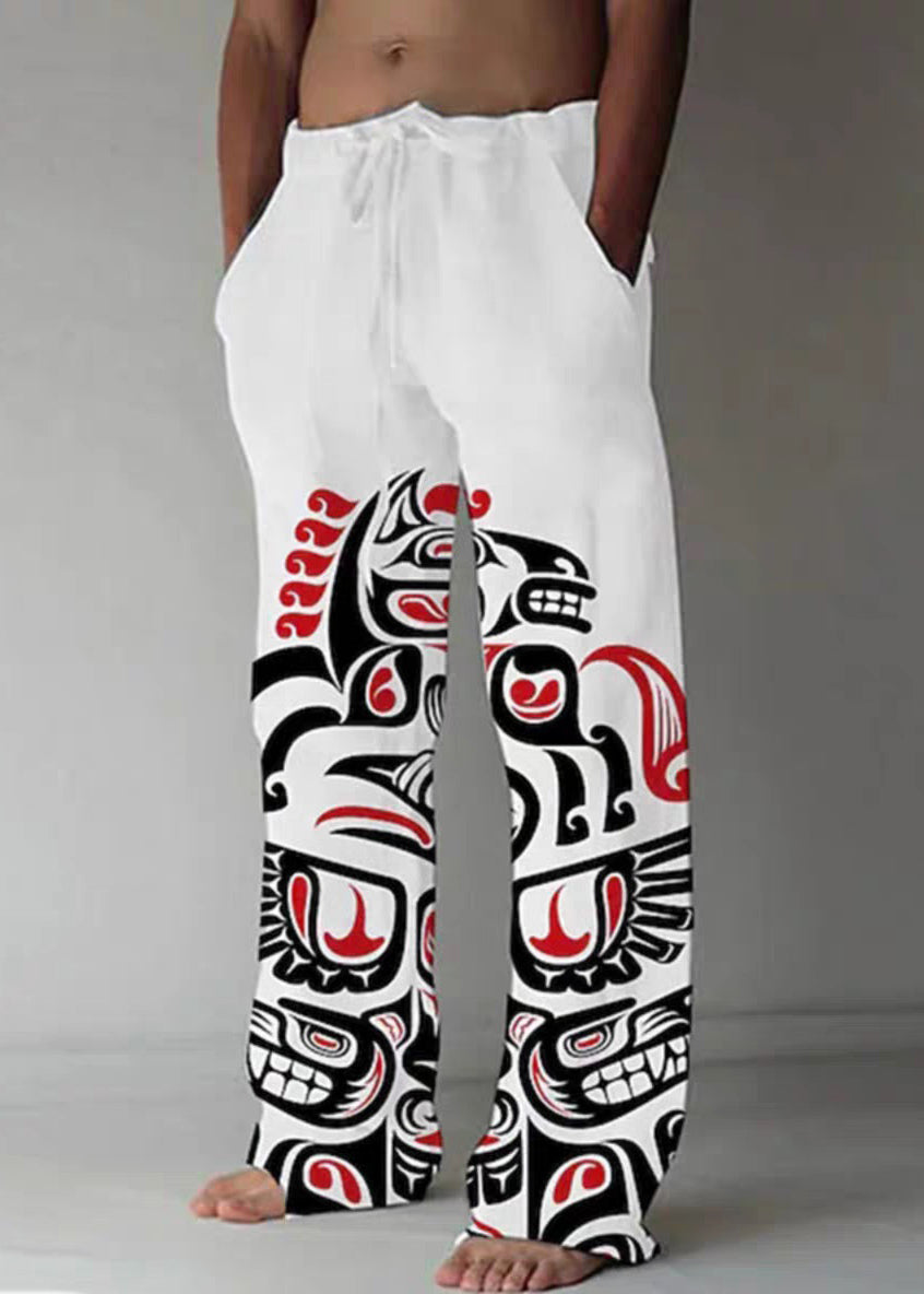 Khaki Print Pockets Cotton Pants Elastic Waist Summer
