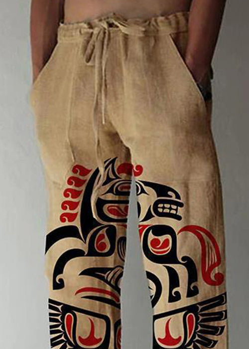 Khaki Print Pockets Cotton Pants Elastic Waist Summer