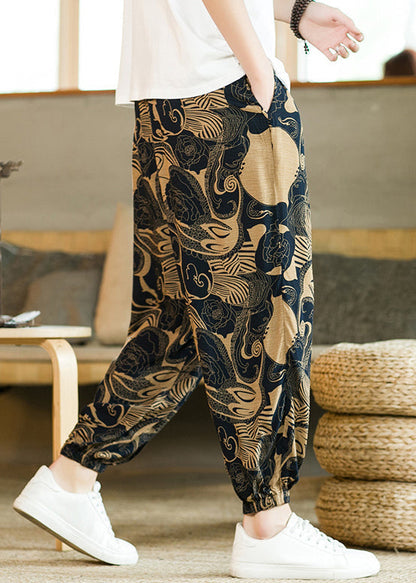 Khaki Print Pockets Cotton Beam Pants Elastic Waist
