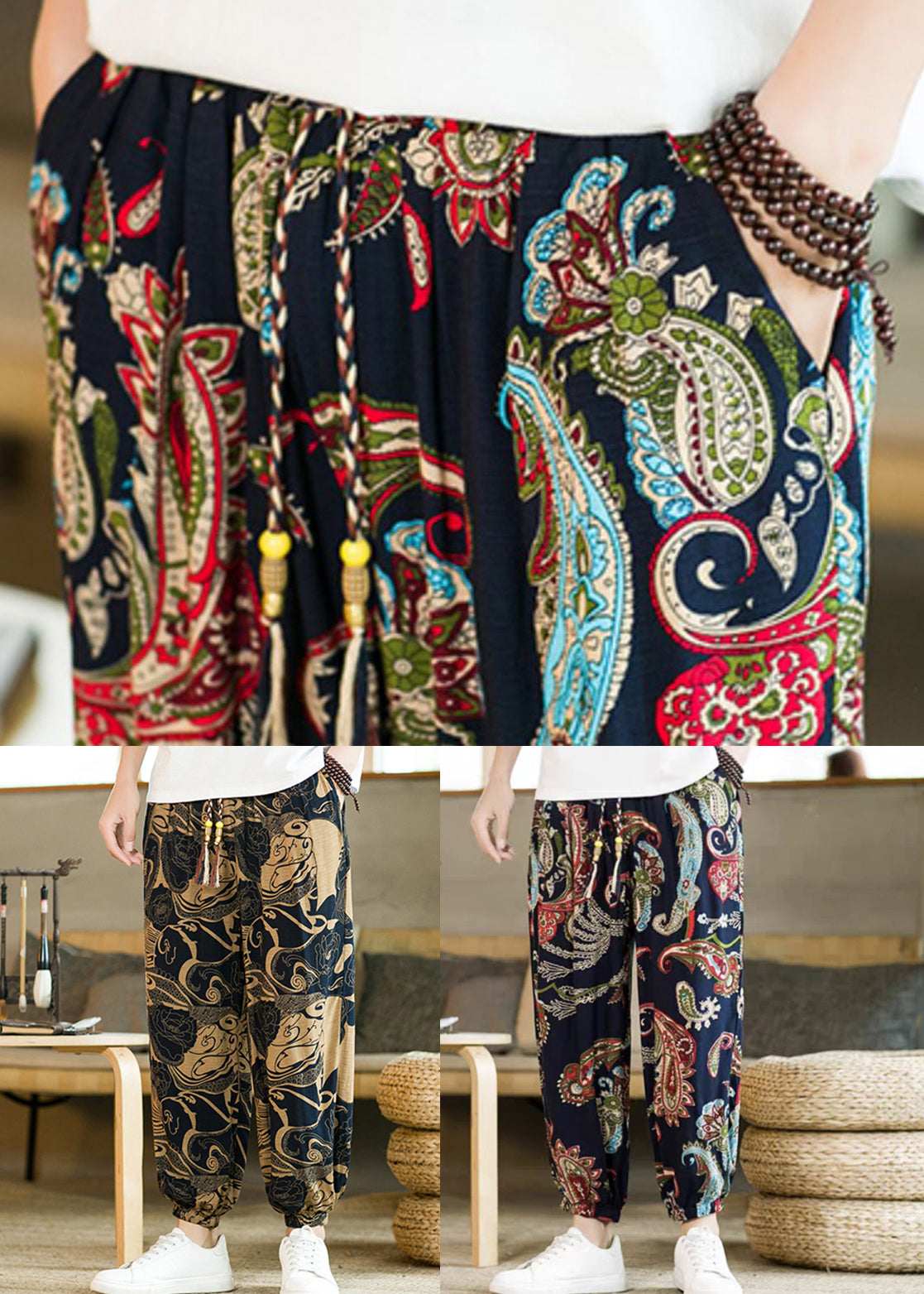 Khaki Print Pockets Cotton Beam Pants Elastic Waist