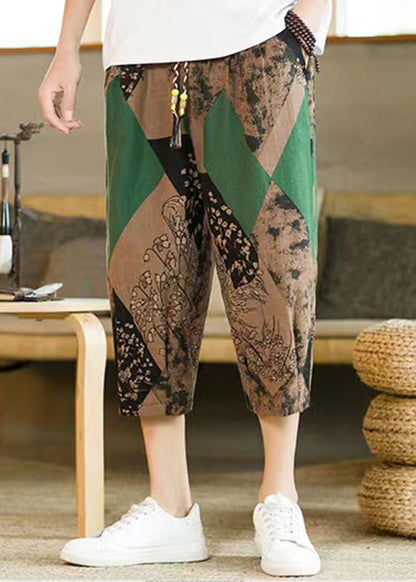 Khaki Print Pockets Cotton Crop Pants Elastic Waist