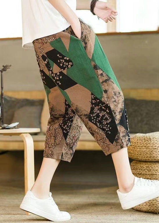 Khaki Print Pockets Cotton Crop Pants Elastic Waist