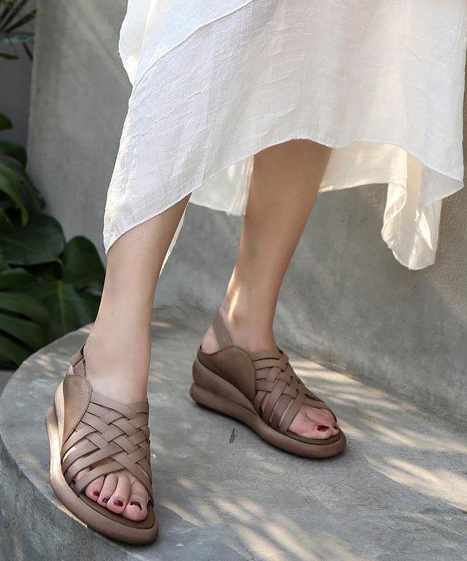 Khaki Sandals Wedge Cowhide Leather Sandals