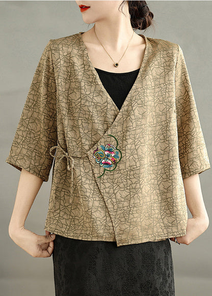 Khaki Silk Blouse Tops Embroidered Tie Waist Summer