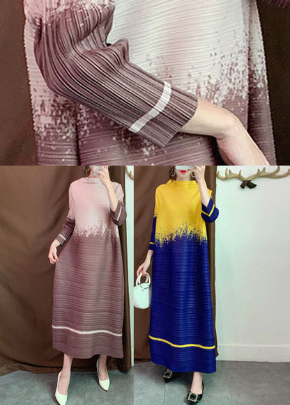Khaki Slash Neck Gradient Color Long Dresses Long Sleeve