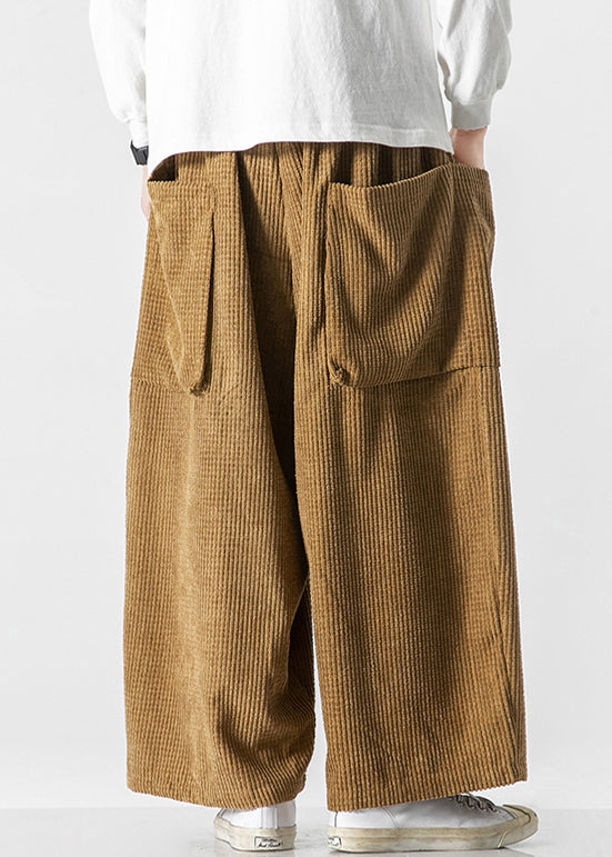 Khaki Corduroy Fall Wide Leg Pants Elastic Waist