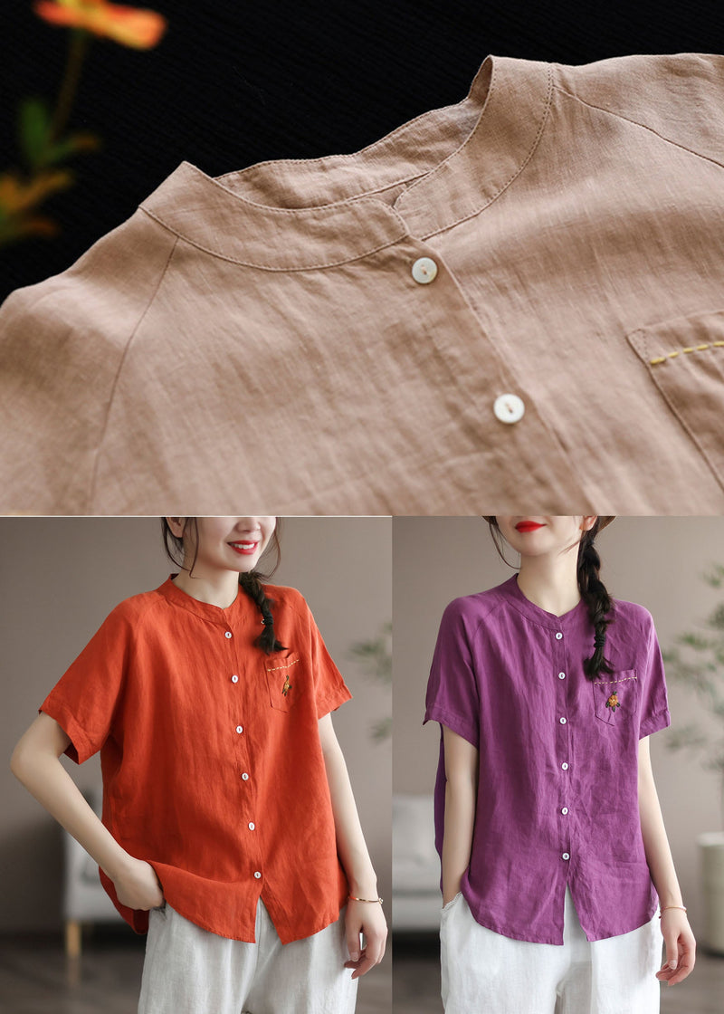 Khaki Loose Linen Shirt Top Embroideried Button Short Sleeve