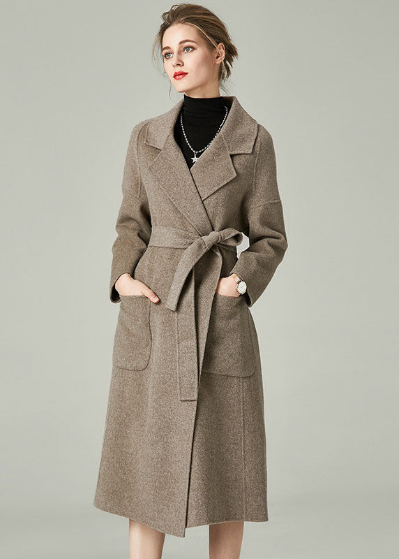 Khaki Woolen Warp Coats Peter Pan Collar Sashes Winter