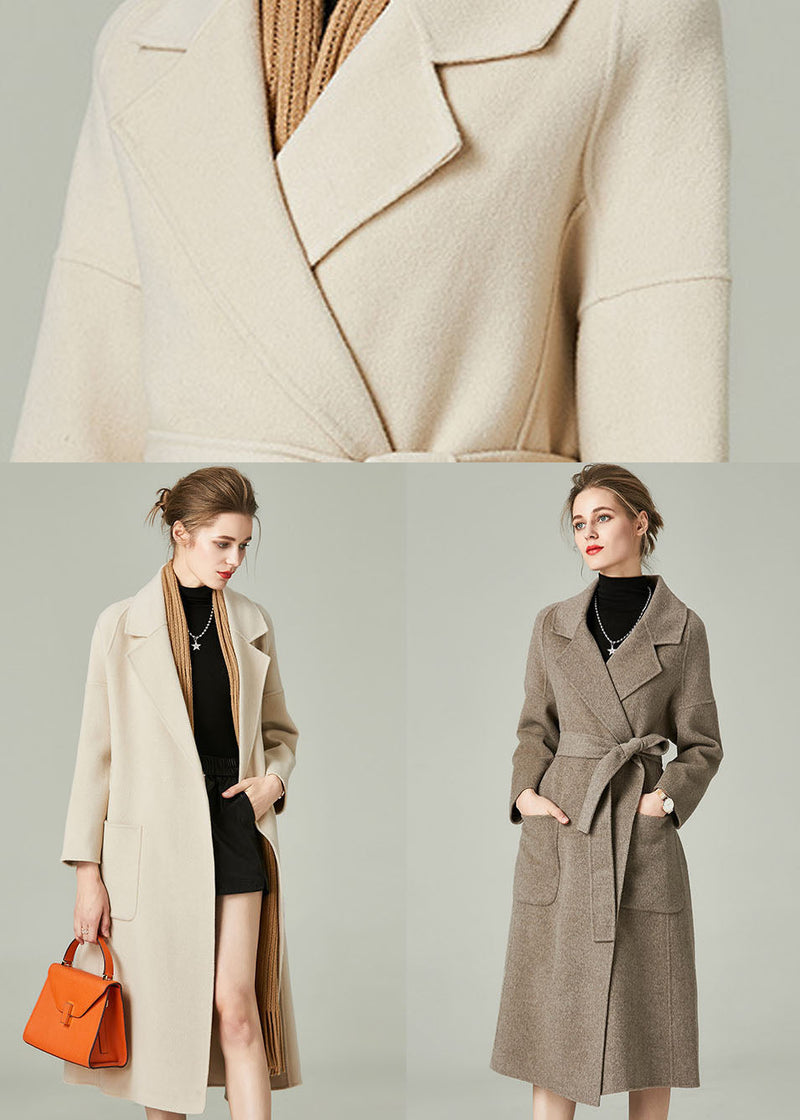 Khaki Woolen Warp Coats Peter Pan Collar Sashes Winter