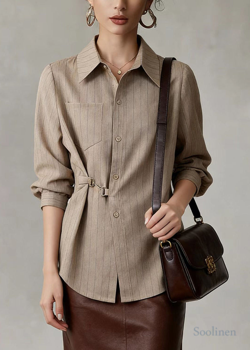 Khaki Striped Cotton Blouses Side Tie Waist Spring