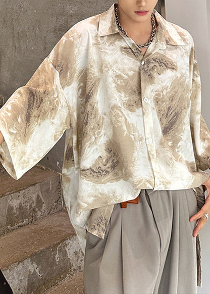 Khaki Tie Dye Ice Silk Shirts Peter Pan Collar Summer