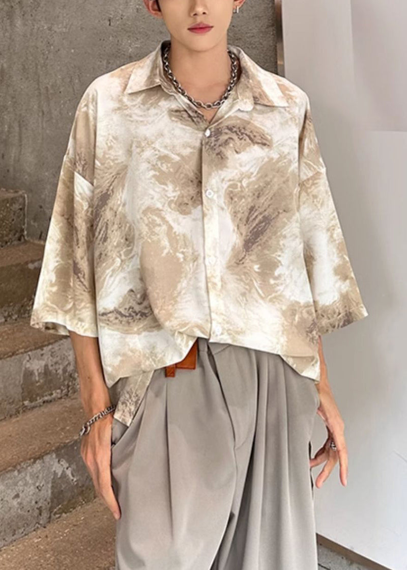 Khaki Tie Dye Ice Silk Shirts Peter Pan Collar Summer