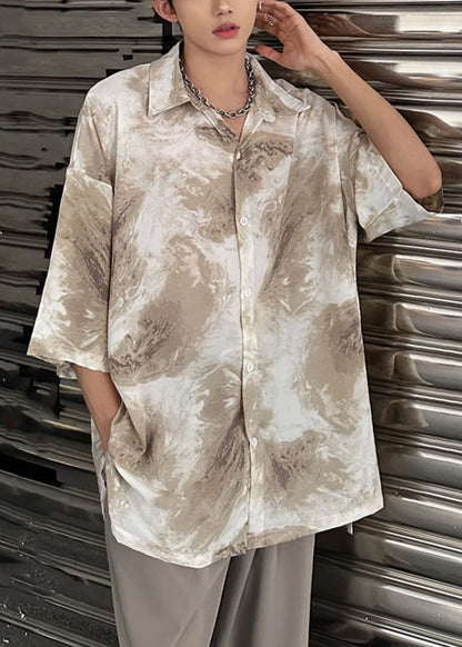Khaki Tie Dye Ice Silk Shirts Peter Pan Collar Summer