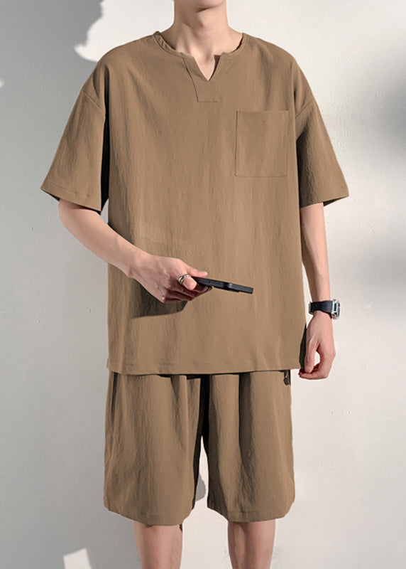 Khaki V Neck T Shirt and Shorts Two Pieces Set Short Sleeve
