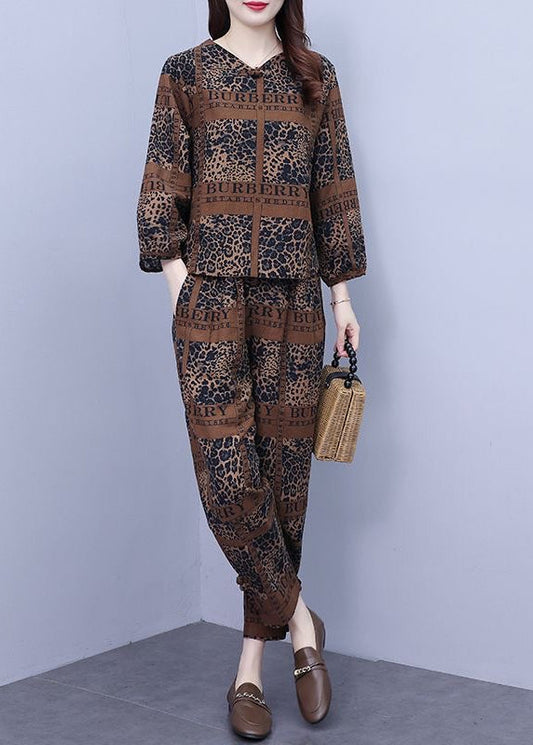 Khaki V Neck Top and Crop Pants Two Pieces Set Long Sleeve