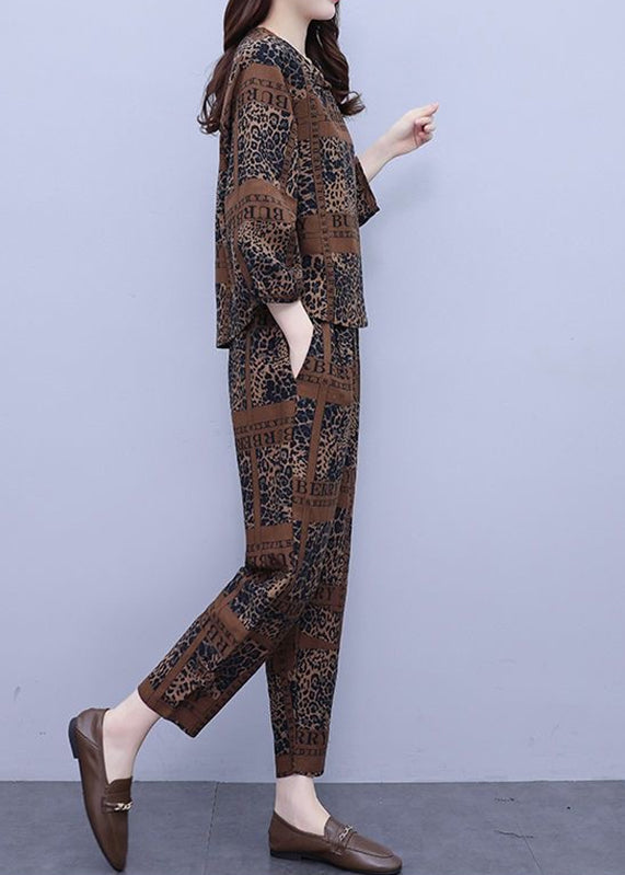 Khaki V Neck Top and Crop Pants Two Pieces Set Long Sleeve