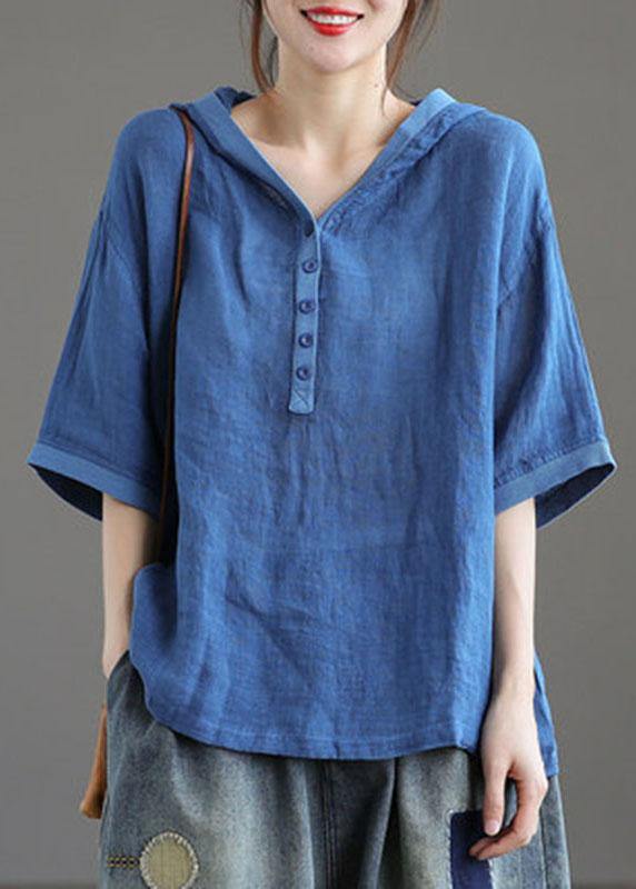 Khaki Hooded Patchwork Summer Linen Blouses