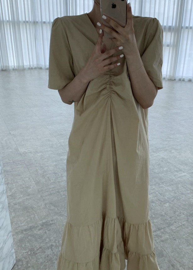 Khaki Wrinkled Cotton Vacation Dresses Puff Sleeve