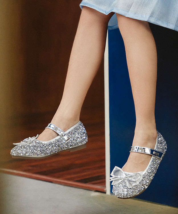 Kids Buckle Strap Princess Flat Shoes for Silver Faux Leather Zircon