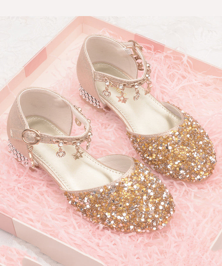 Kids Faux Leather Princess Flats Buckle Strap Silver Zircon