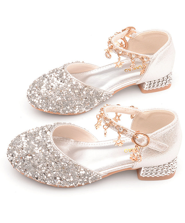 Kids Faux Leather Princess Flats Buckle Strap Silver Zircon