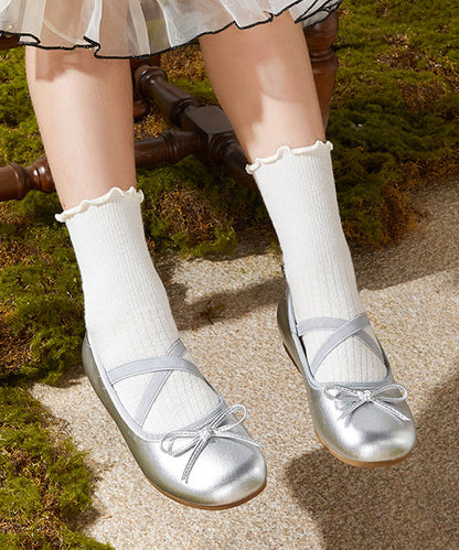 Kids Silver Bow Cross Strap Princess Flat Shoes