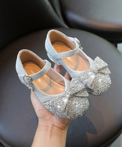 Kids Silver Buckle Strap Bow Zircon Flat Shoes Faux Leather