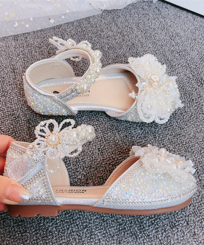 Kids Silver Princess Sandals Buckle Strap Zircon Nail Bead