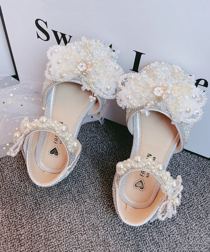 Kids Silver Princess Sandals Buckle Strap Zircon Nail Bead