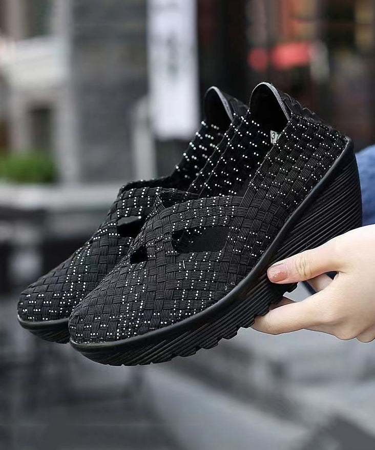 Knit Fabric Black Handmade Comfortable Splicing Wedge Heels Soolinen Shoes-20251