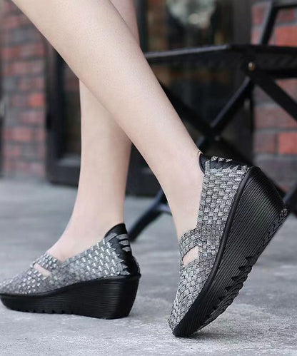 Knit Fabric Black Handmade Comfortable Splicing Wedge Heels Soolinen Shoes-20251