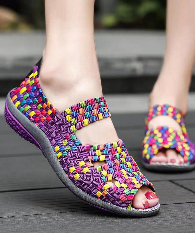 Knit Fabric Flat Shoes for Purple Splicing Peep Toe Soolinen Shoes-20251