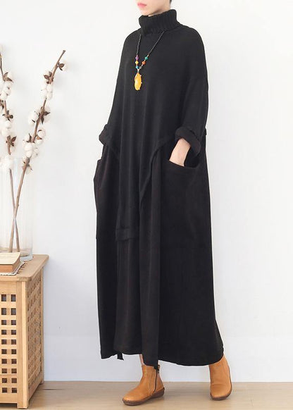 Knitted Black Sweater Aesthetic Design High Neck Patchwork Hipster Sweater Dress