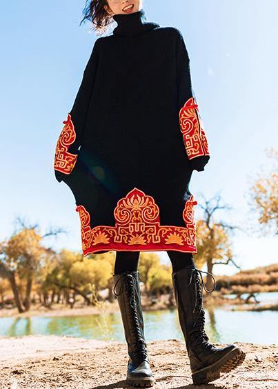 Knitted Black Sweater Wardrobes Embroidery Oversized High Neck Knit Dress