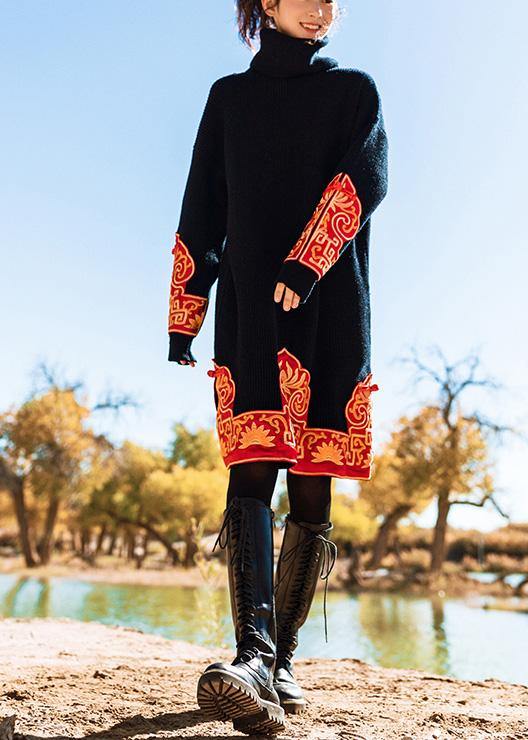 Knitted Black Sweater Wardrobes Embroidery Oversized High Neck Knit Dress