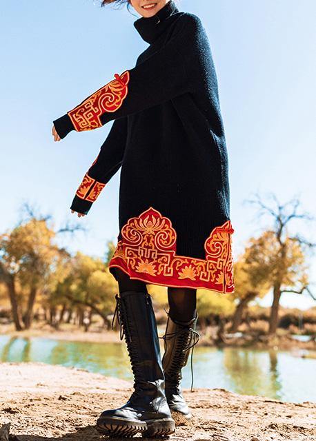 Knitted Black Sweater Wardrobes Embroidery Oversized High Neck Knit Dress