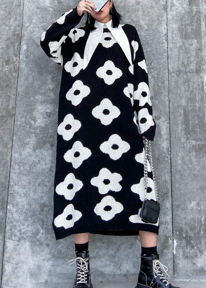 Knitted Black Print Sweater Aesthetic O Neck Baggy Knit Dress