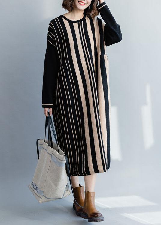 Knitted Black Striped Sweater Dress Outfit High Waist Funny Fall Knit Dress