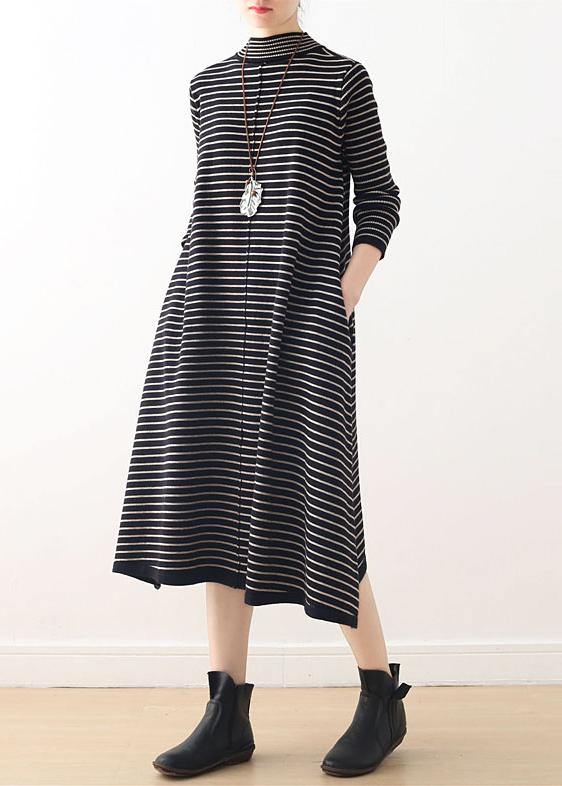 Knitted High Neck Sweater Weather Black Striped Baggy Knitwear