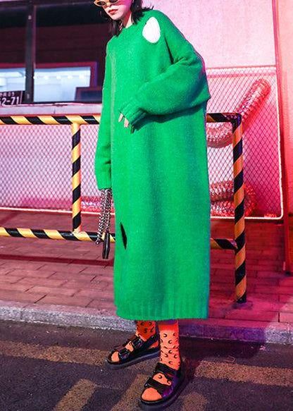 Knitted O Neck Hole Sweater Weather Design Green Daily Knit Dress