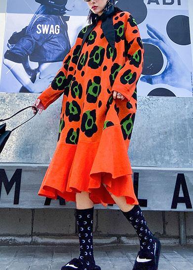 Knitted O Neck Ruffles Sweater Outfits Orange Print Knitted Dress