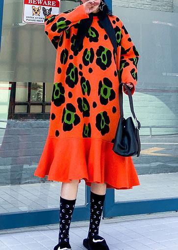 Knitted O Neck Ruffles Sweater Outfits Orange Print Knitted Dress