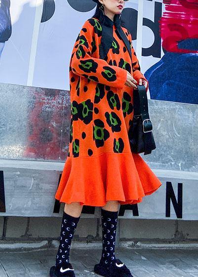 Knitted O Neck Ruffles Sweater Outfits Orange Print Knitted Dress