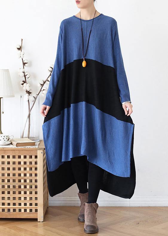 Knitted O Neck Patchwork Sweater Fall Weather Quotes Blue Tunic Knitwear