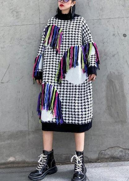 Knitted Plaid Sweater Dresses Design Tassel Oversized High Neck Sweater Dresses
