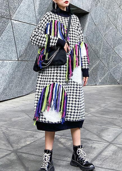 Knitted Plaid Sweater Dresses Design Tassel Oversized High Neck Sweater Dresses