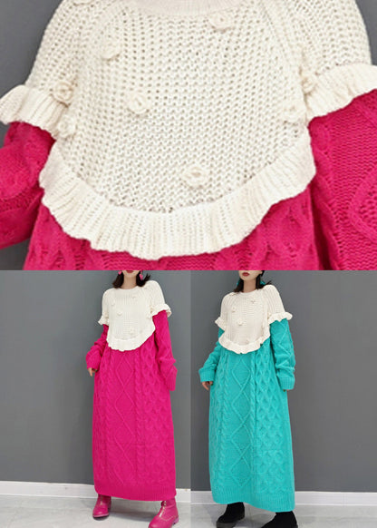 Knitting Cotton Red O-neck Patchwork Warm Thick Knit Sweater Dress Winter