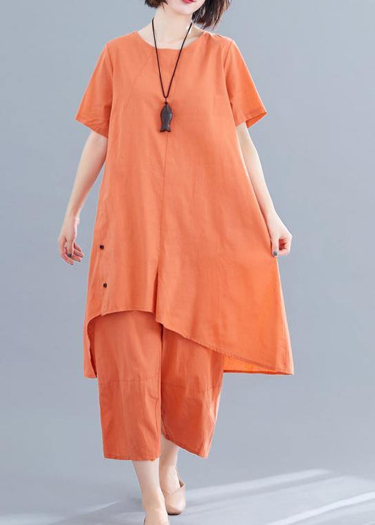 Korean Version of the Loose Large Size Orange Irregular Tops + Pants Cotton and Linen