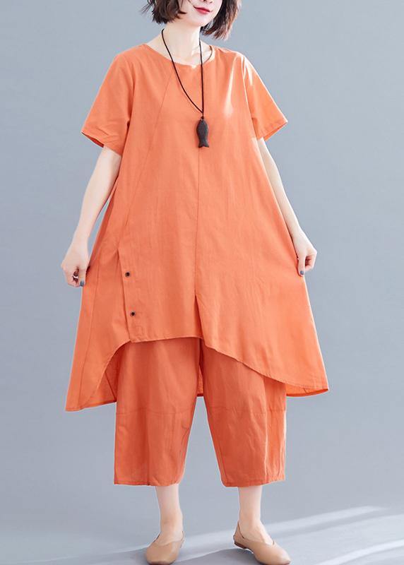 Korean Version of the Loose Large Size Orange Irregular Tops + Pants Cotton and Linen